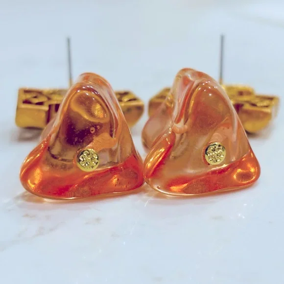 Tory Burch ROXANNE gold logo + orange ice cube drop & dangle statement earrings - Picture 6 of 12
